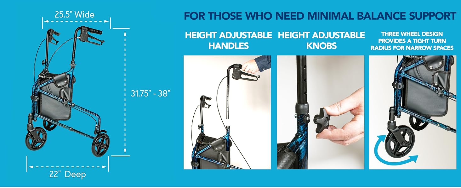 Trio Rolling Walker for stability and mobility; sturdy and lightweight