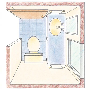 A drawn floor plan of a half bathroom design with a large vanity, blue tiles, a mirror, and door
