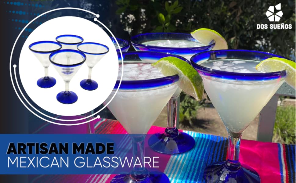 Mexican martini margarita glasses blue rim recycled glass glassware