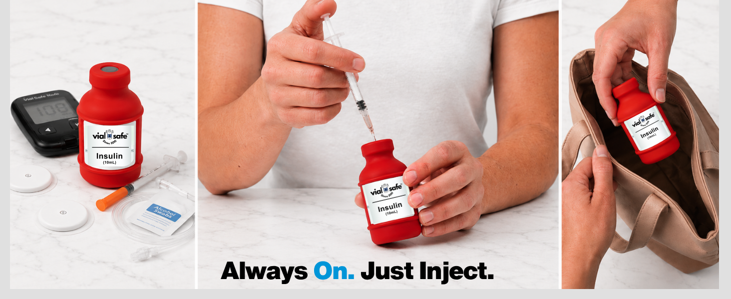 Insulin vial holder stays on so you can draw insulin through the silicone sleeve with no removal