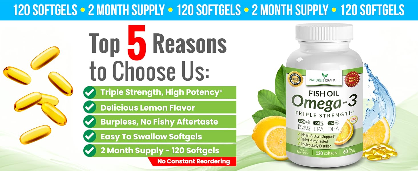 Triple Strength Omega 3 Fish Oil burpless softgels 120 supplement lemon flavor burp less men women