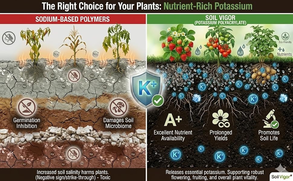 Banner comparing strawberries, tomatoes, and potatoes in potassium soil vs toxic sodium polymers.