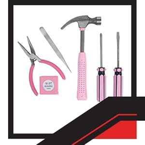 Image of 1st apartment essentials, womens tool kit for house, pink household items.