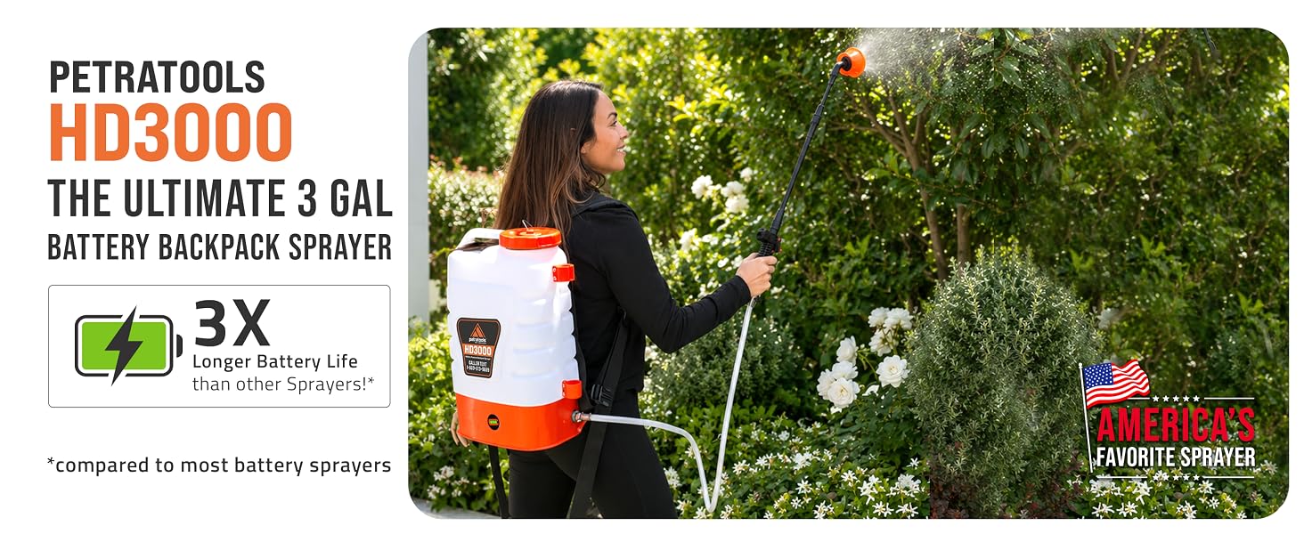 Ultimate battery sprayer with 3x longer battery life than competitors, 3-gallon capacity for gardens