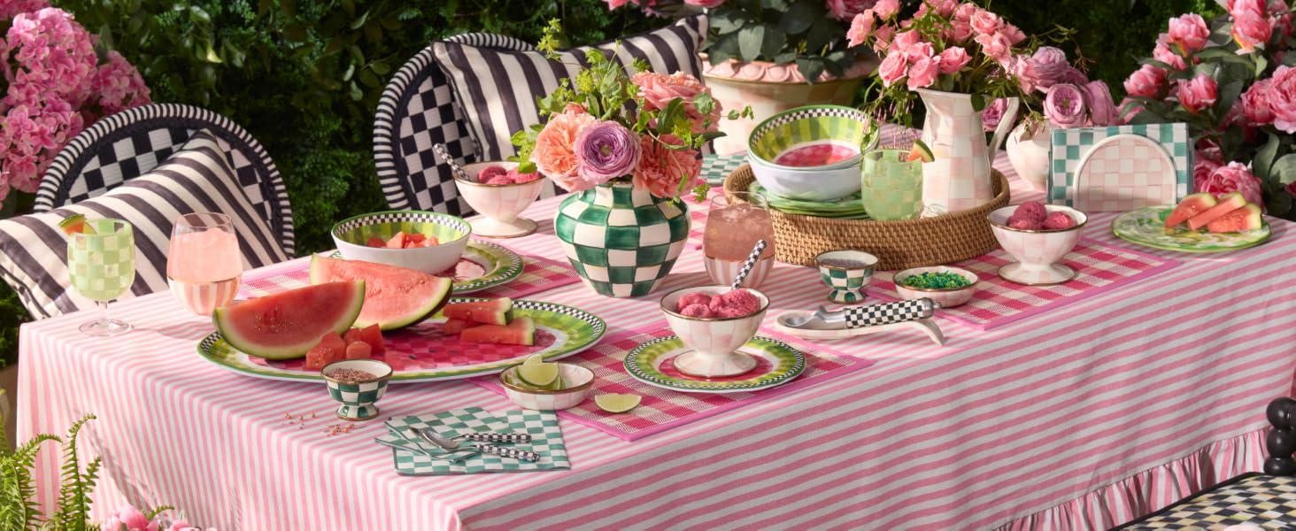 Pink and green, watermelon outdoor tableware. Pretty Rosy Check pink enamelware.