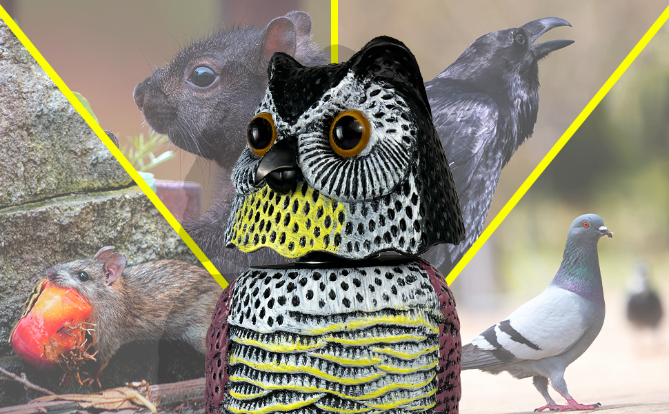 outdoor fake owl scarecrow for pigeons crows squirrels mice rats snakes