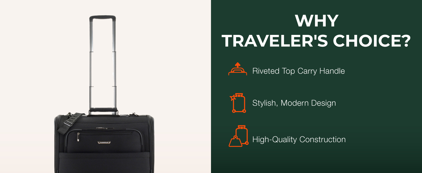 Image of business garment bag with text reading why travelers choice.
