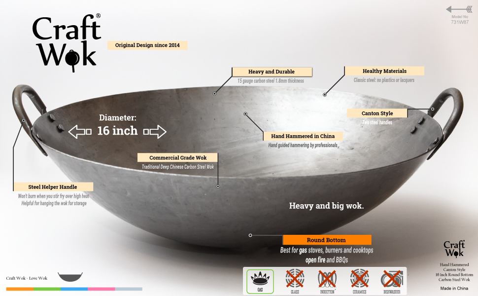 canton style carbon steel wok 731W87 craft wok 16 inch big