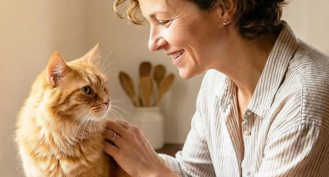 Woman petting cat in warmly lit house