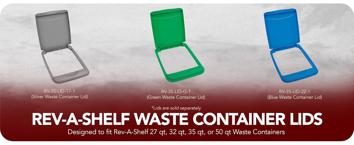 Different Colors of Waste Container Lids. Text reads: Rev-A-Shelf Waste Container Lids