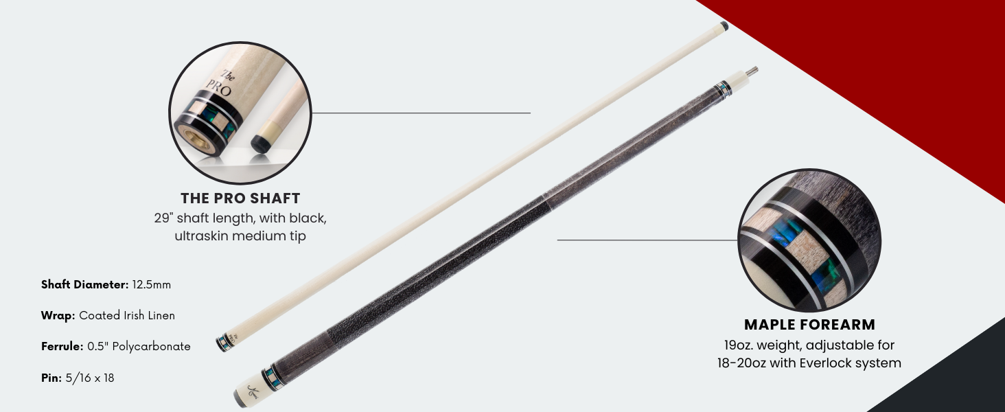 Featuring the pro shaft from meucci pool cues with maple forearm and tacos de billar