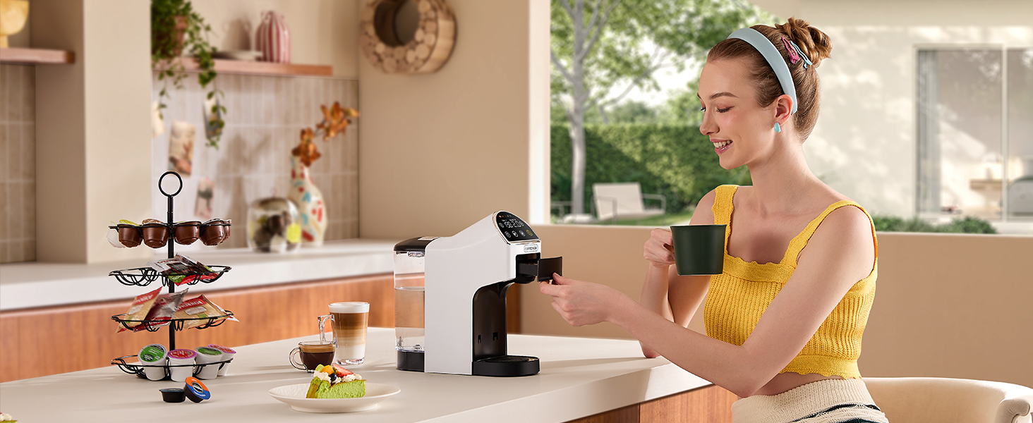 Cozy weekend vibe with a woman tasting café-quality coffee at home, made by Magician2 Mini