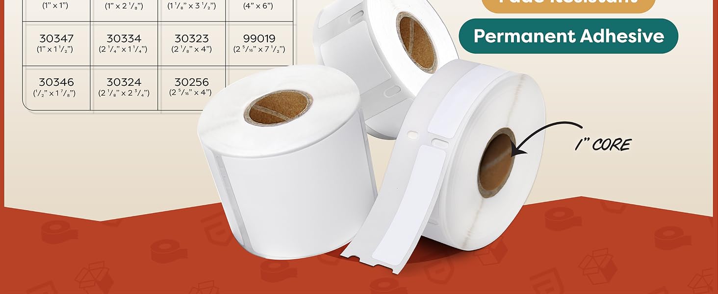 Three rolls of label stickers in various sizes with fade-resistant paper and permanent adhesive.