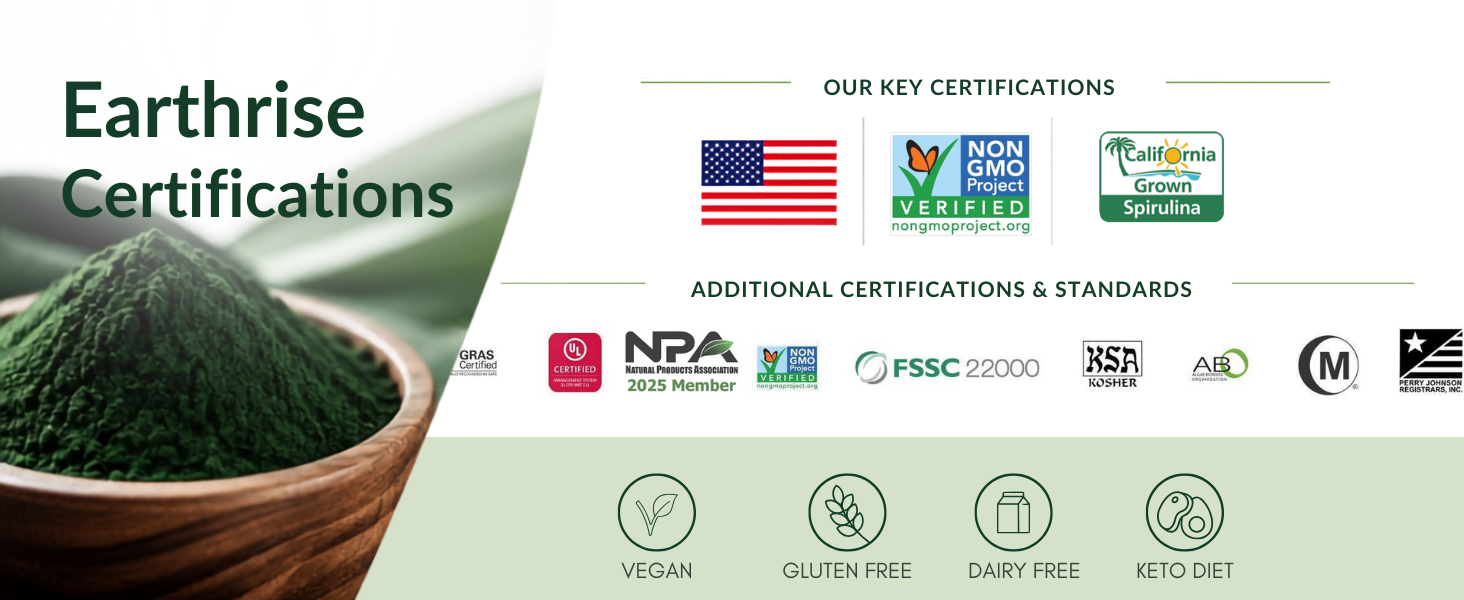 Earthrise spirulina certifications, including Non-GMO Project Verified and California Grown.
