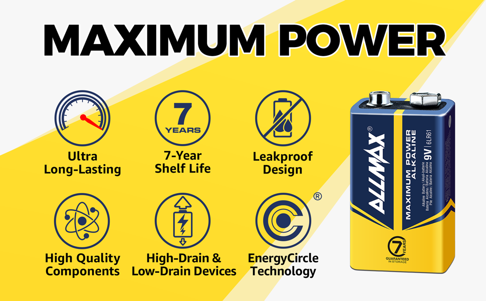 Allmax 9V Batteries have 7-Year Shelf Life and Guaranteed Leakproof and Long-Lasting Performance