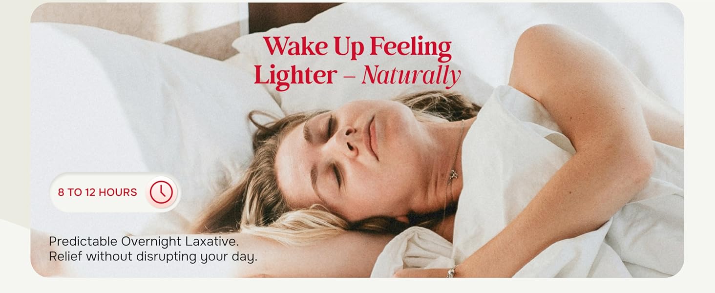 wake up feeling lighter, naturally. predictable overnight relief without distrupting your day.