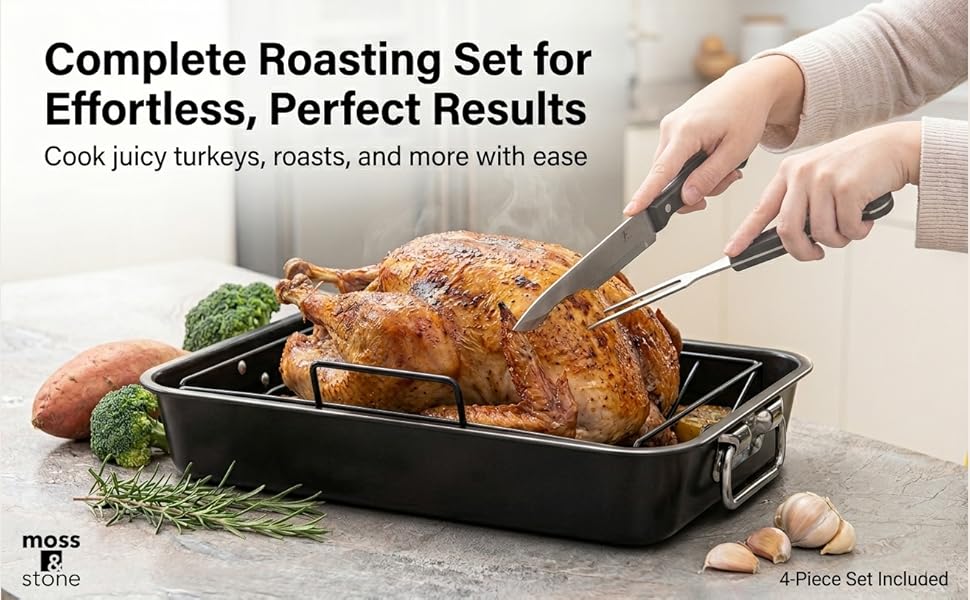 Roasting pan set with rack and carving tools, cooking whole roasted turkey in oven