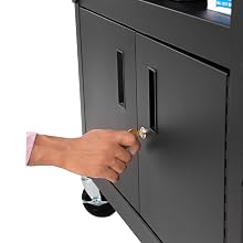 The Line Leader large AV cart features a locking cabinet.