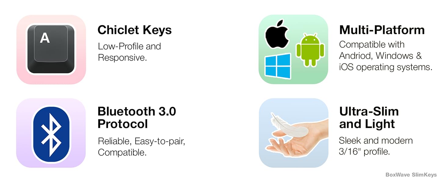Features include Chiclet Keys, Mult-Platform, Bluetooth 3.0, Ultra-Slim and Light