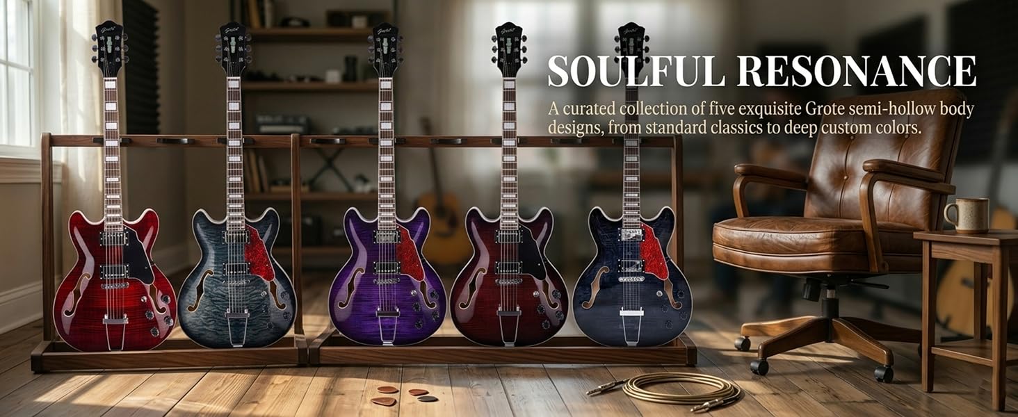 GROTE Jazz Electric Guitar Semi-Hollow Body Trapeze Tailpiece Bridge Guitar Gig Bag