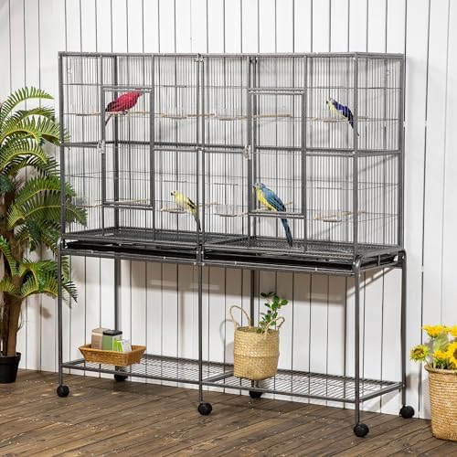 PawHut 65" Double Rolling Metal Bird Cage with Divider, Large Parrot Cage for Parakeet, Canaries, Lovebirds, Budgie, Finch