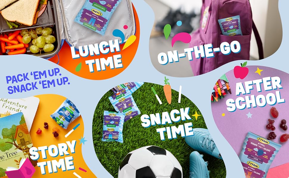 Image of Mott&amp;#39;s fruit avored snacks in a lunch box, in a backpack, after school and during sports
