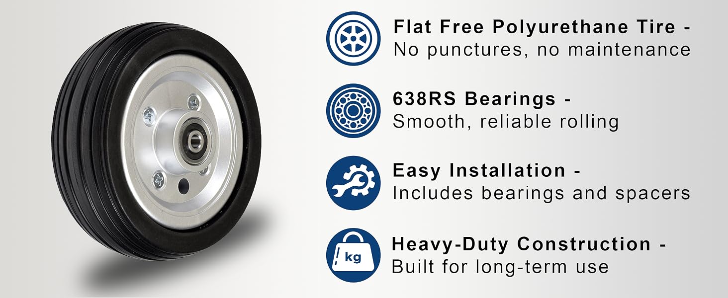 Key Features - Flat Free Tire, 638RS Bearings, Easy Installation, Heavy Duty Construction