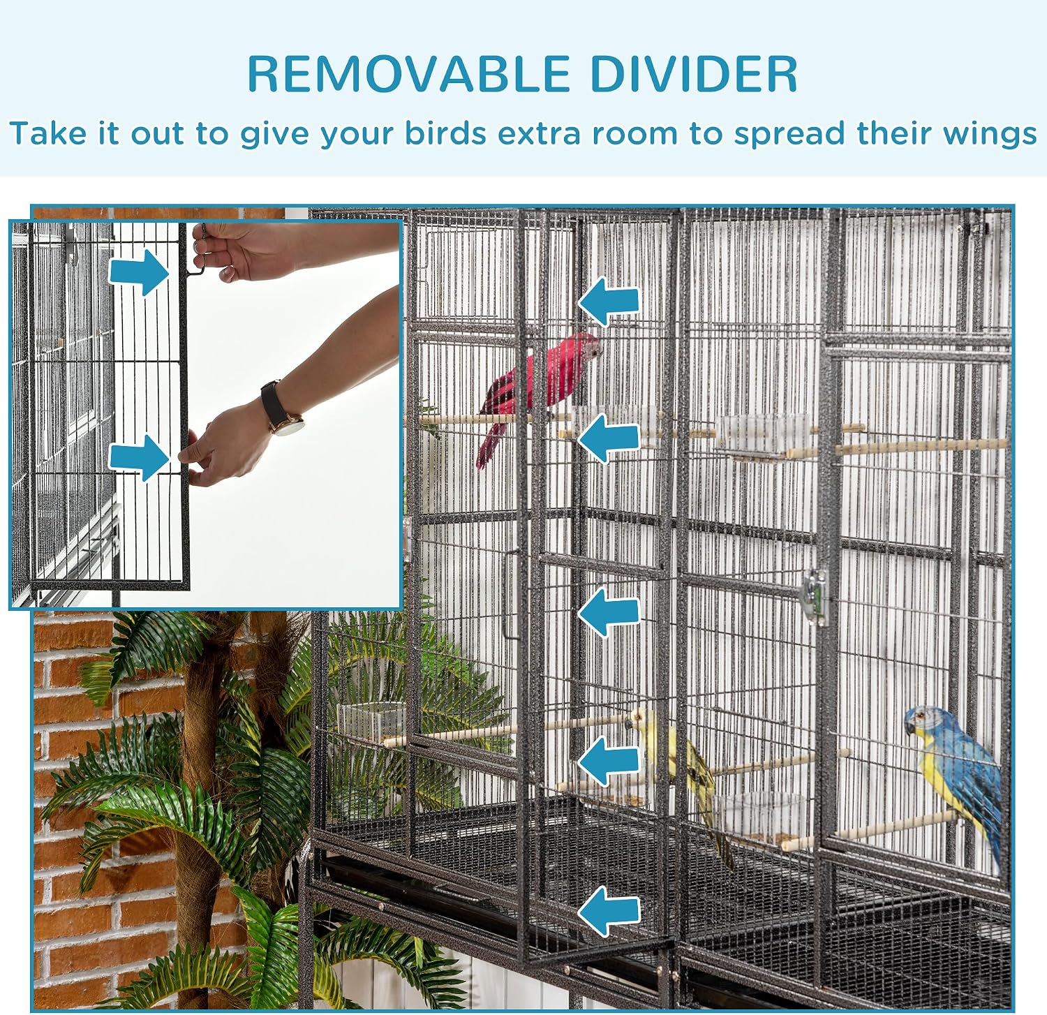 PawHut 65" Double Rolling Metal Bird Cage with Divider, Large Parrot Cage for Parakeet, Canaries, Lovebirds, Budgie, Finch