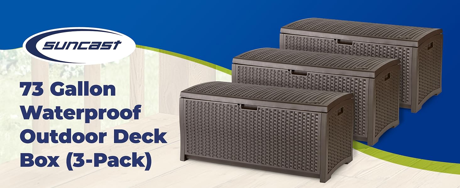 Suncast 73 Gallon Waterproof Resin Wicker Outdoor Patio Storage Deck Box, 3 Pack - DESKTOP A