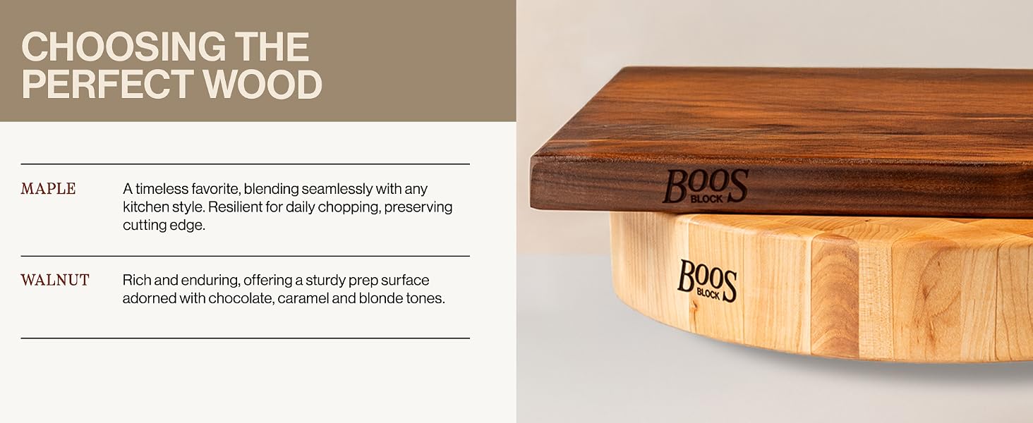A stack of wood cutting boards Text reads: Choosing the perfect wood.