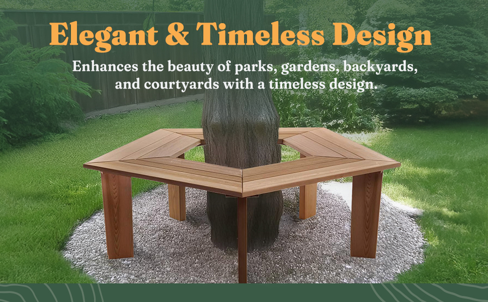A wooden hexagonal bench surrounds a tree, set in a garden.