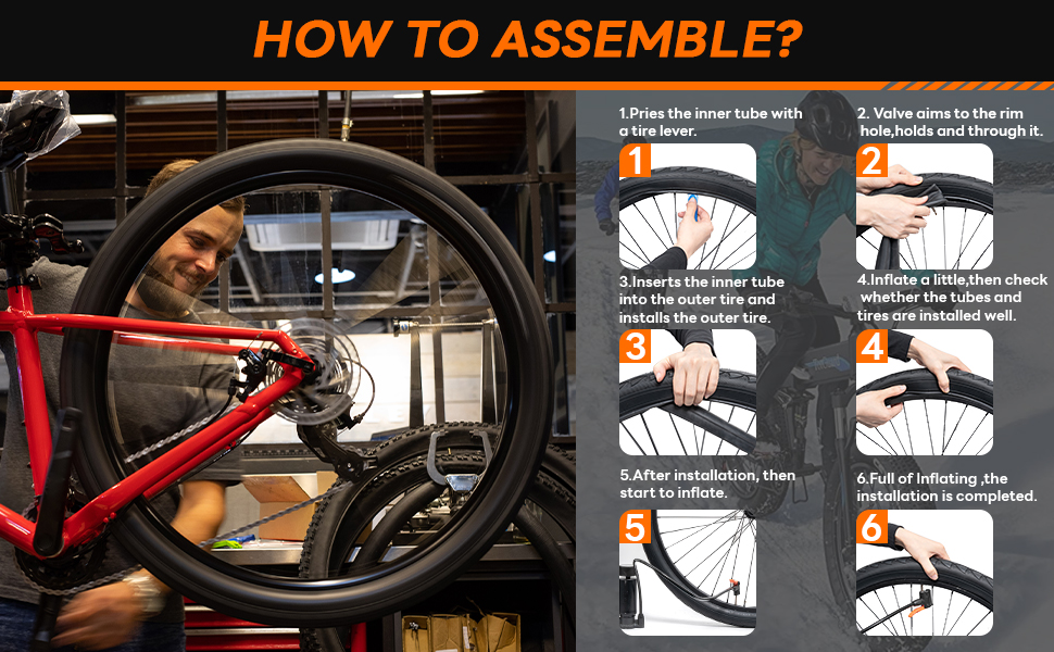 Instructions for assembling a bicycle tire. Six-step process shown with images and text, demonstrating proper installation technique from placing the inner tube to completing inflation.
