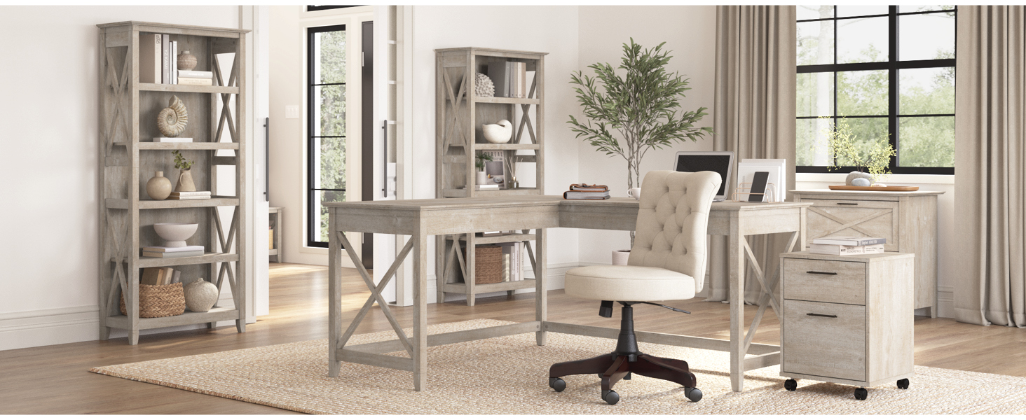 farmhouse home office modern l shaped desk computer bookshelf file cabinet work corner chair table