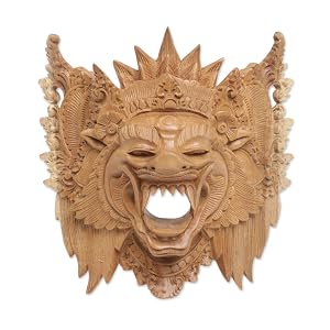 NOVICA Handmade Wood Barong Bangkal Mask Hecha a mano Mascarilla Banco Madera Máscara de pared