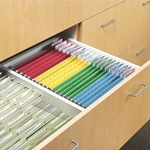 Smead hanging folder steel frame closeup with colored hanging file folders in an office drawer