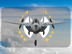 Digital illustration of a military-style aircraft with circular arrangement of yellow stars around it against cloudy sky background.