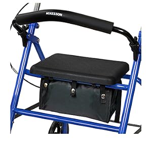 Close-up of oversized padded seat and backrest of McKesson Rollator