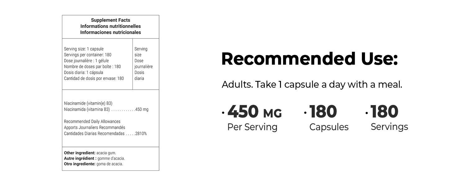 Supplement Facts Niacinamide Vitamin B3 450 MG Per Serving 180 Capsules 180 Servings