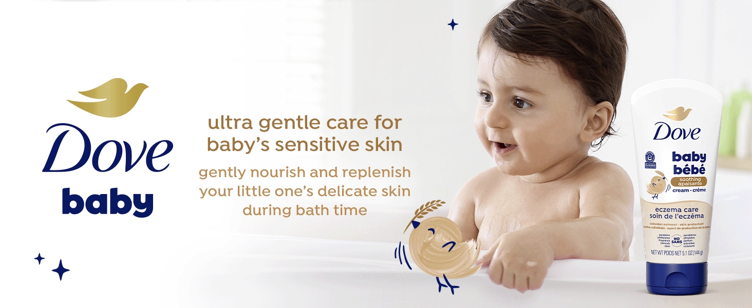 A baby smiling in a bathtub next to a bottle of Dove Baby Derma Care Soothing Lotion
