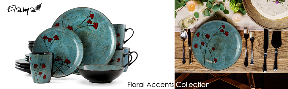 blue red floral accent round stoneware dinnerware dish set setting for 4 microwave dishwasher safe