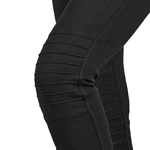 Black fitted leggings with horizontal ribbed paneling detail across the thigh and knee area, shown in close-up side view.