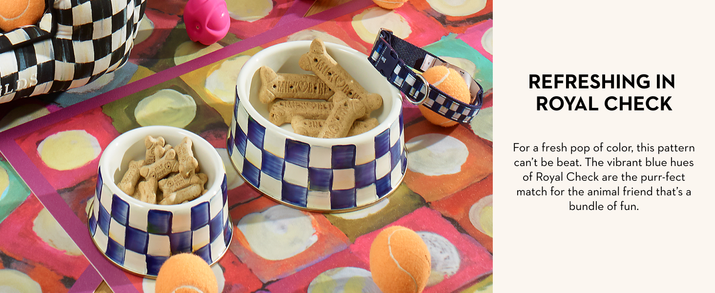 Royal Check pet bowls and placemats.