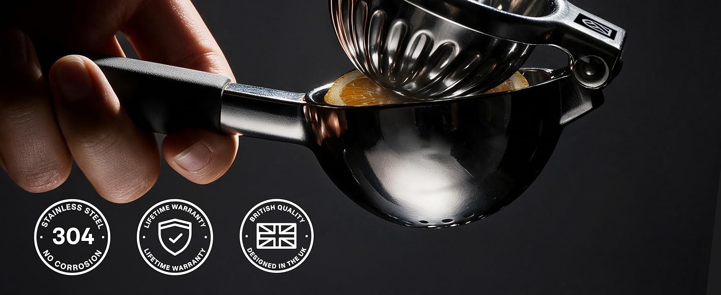 The 304 stainless steel lemon squeezer presses a lemon half, backed by a lifetime usage.