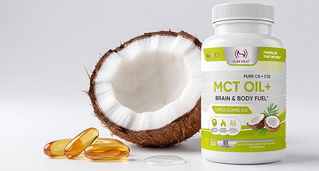 Slim Heat MCT Oil softgels bottle with a sliced coconut and golden softgels on gray