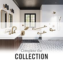 image of a bathroom with an overlay of coordinating faucets and accessories