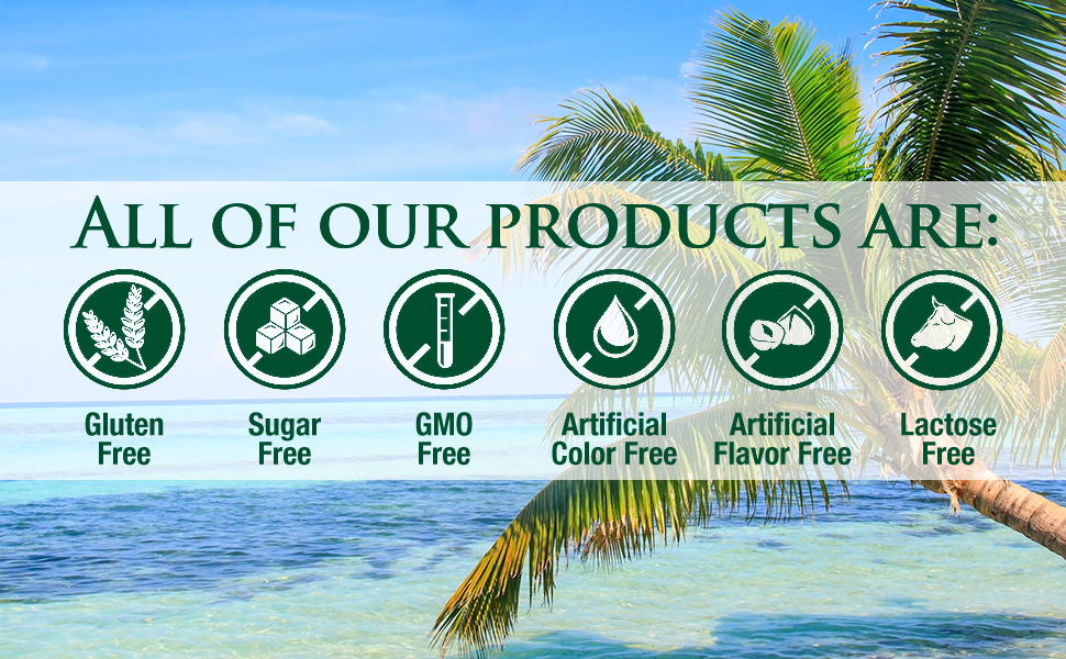 gluten free, sugar free, GMO free, artificial color free, artificial flavor free, and lactose free