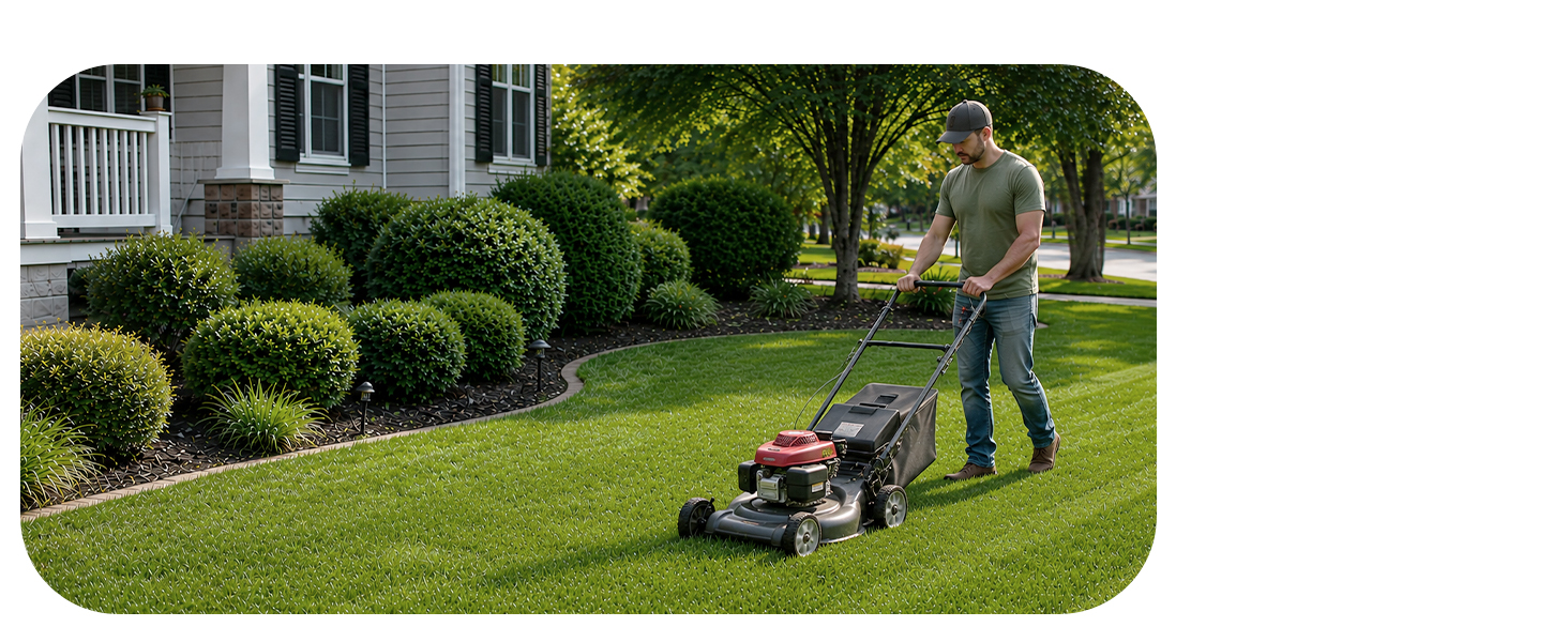 a man mowing his lawn with a push mower in the summer