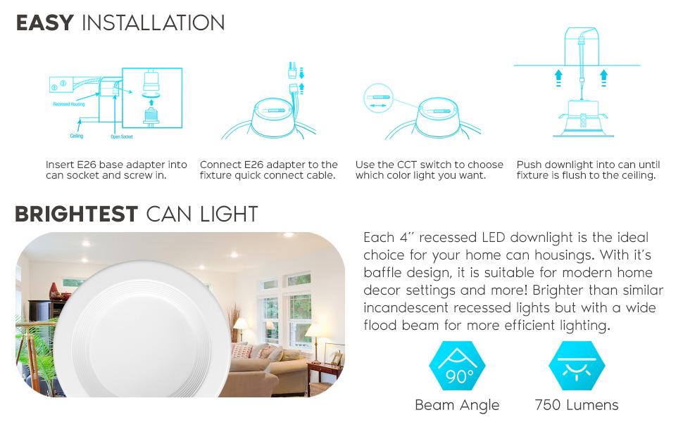 Luxrite LED Dimmable Recessed Can Light Retrofit Downlight CCT Adjustable 5 Color Temperature