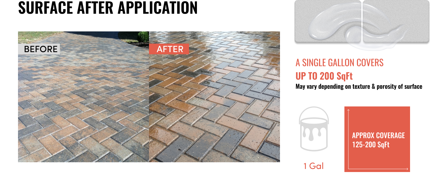 Before and after wet-look concrete sealer with one-gallon coverage up to 200 sq ft