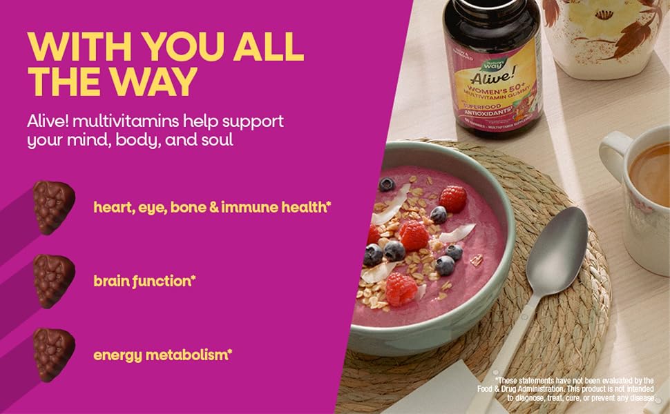 product benefits listed and a smoothie bowl sitting next to a spoon, tea and a bottle of vitamins